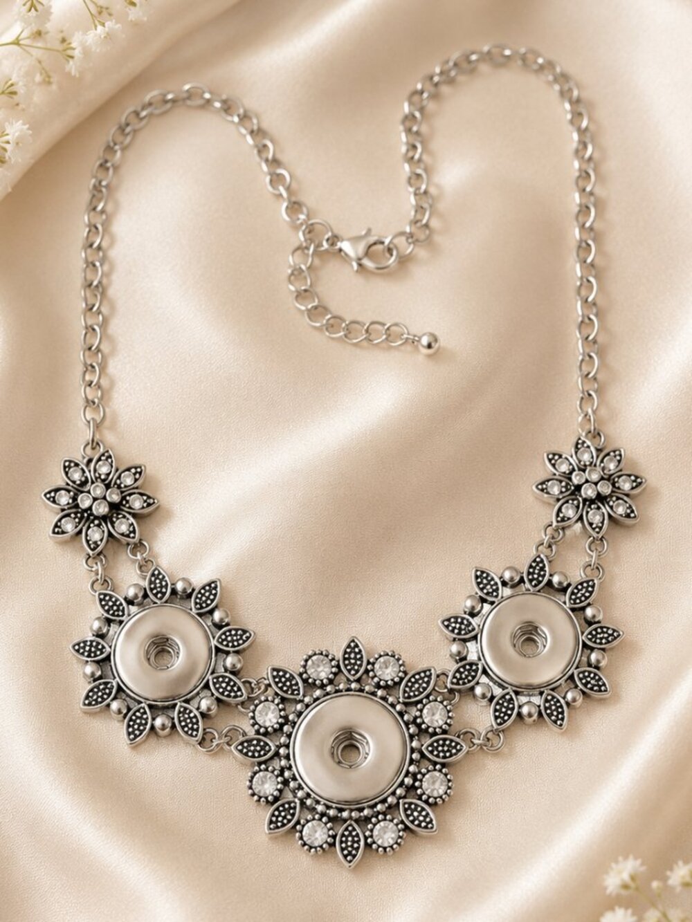 Silvertone Floral Triple Snap Necklace Rhinestone Interchangeable Pendant